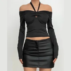 Long sleeve off shoulder halter ruched backless solid hollow out cut out top