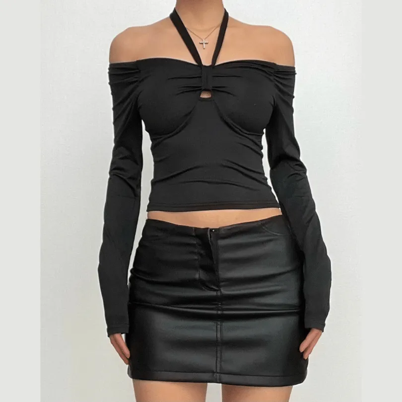 Long sleeve off shoulder halter ruched backless solid hollow out cut out top