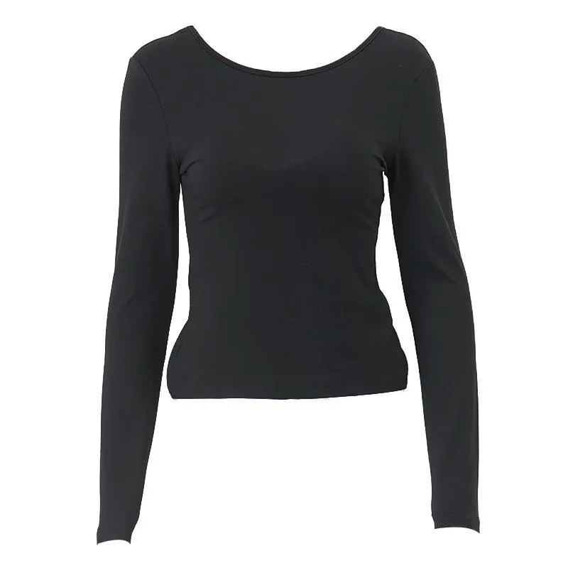 Long sleeve round neck solid backless slit top