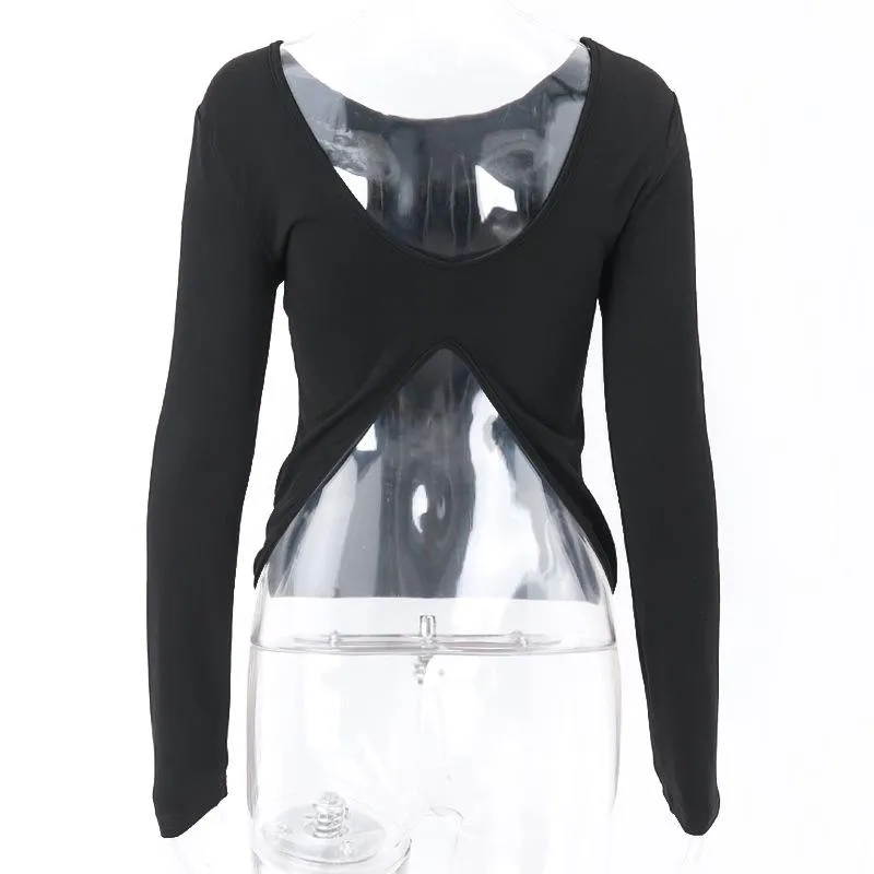 Long sleeve round neck solid backless slit top