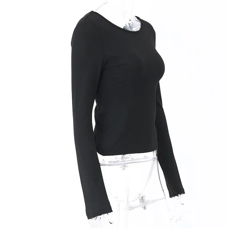 Long sleeve round neck solid backless slit top