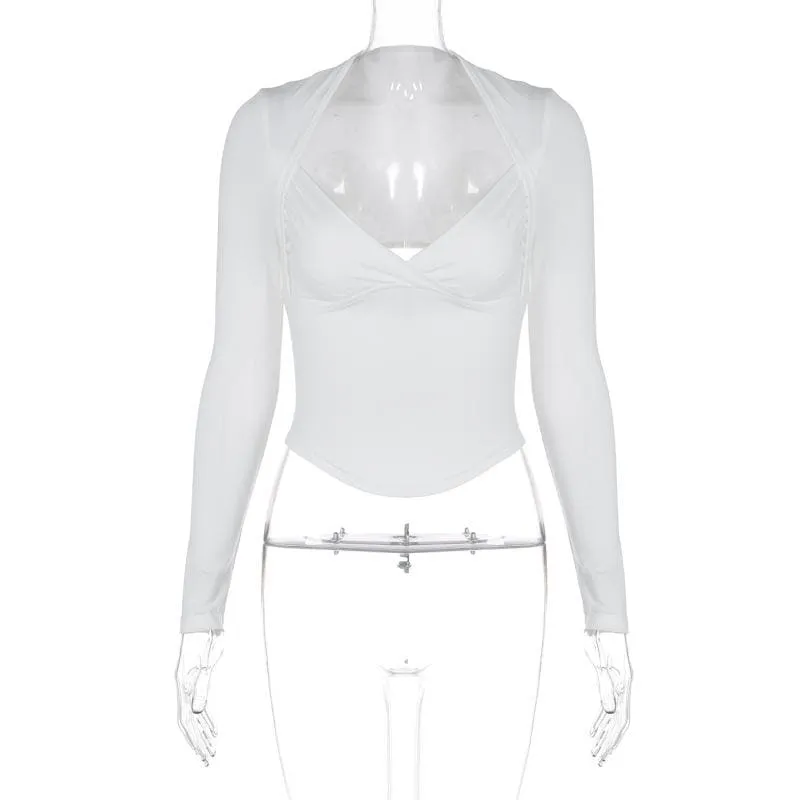 Long sleeve ruched v neck hollow out solid backless cut out top- Final Sale