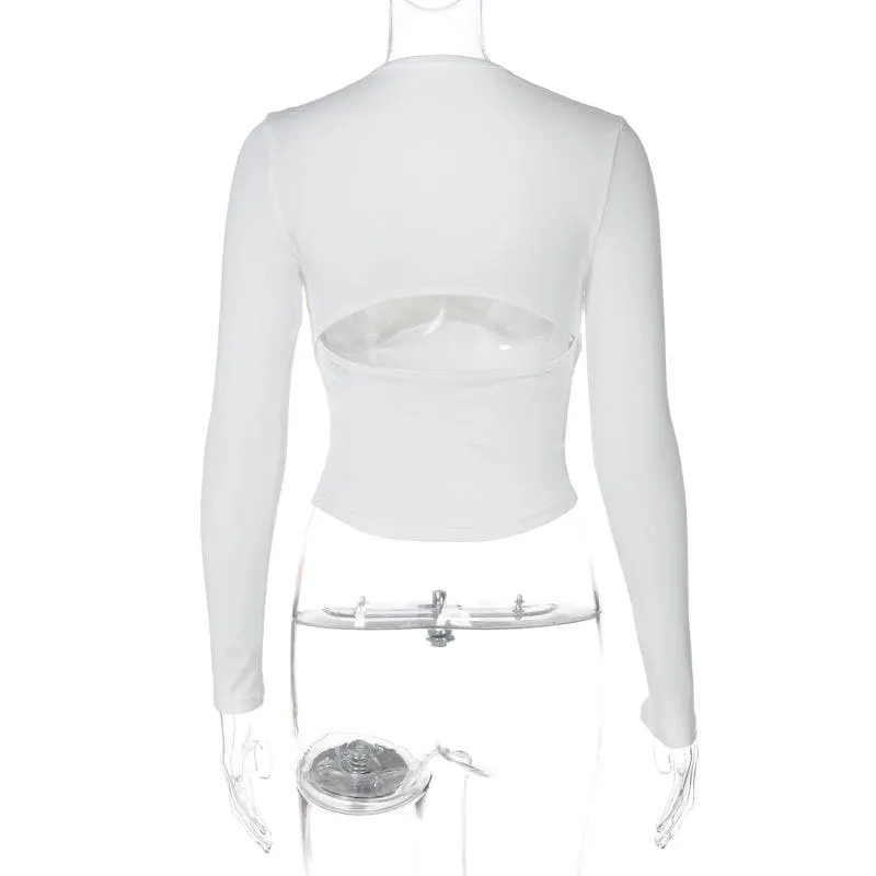 Long sleeve ruched v neck hollow out solid backless cut out top- Final Sale
