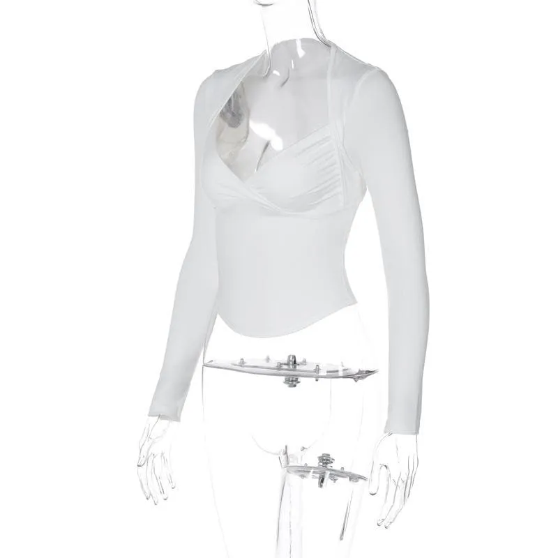 Long sleeve ruched v neck hollow out solid backless cut out top- Final Sale