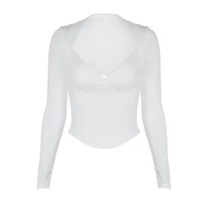 Long sleeve ruched v neck hollow out solid backless cut out top- Final Sale
