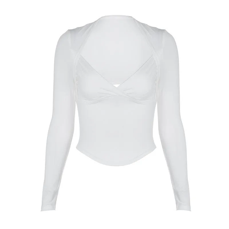 Long sleeve ruched v neck hollow out solid backless cut out top- Final Sale