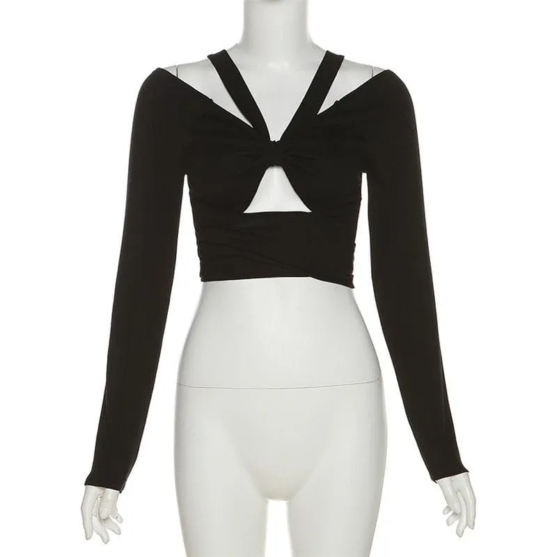 Long sleeve self tie bowknot hollow out solid crop cut out top