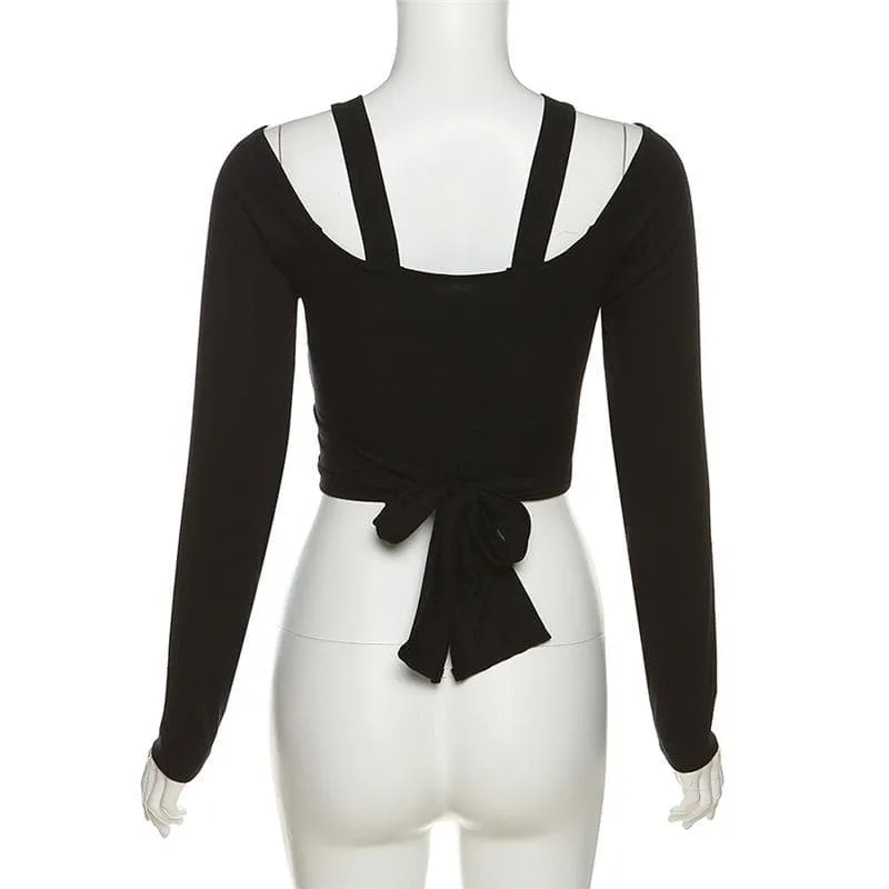 Long sleeve self tie bowknot hollow out solid crop cut out top