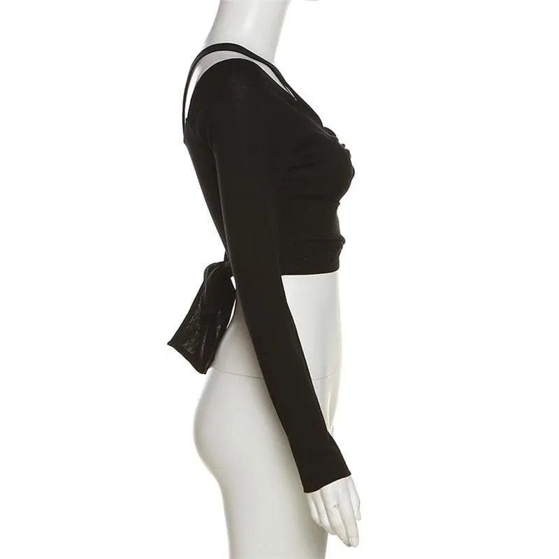 Long sleeve self tie bowknot hollow out solid crop cut out top