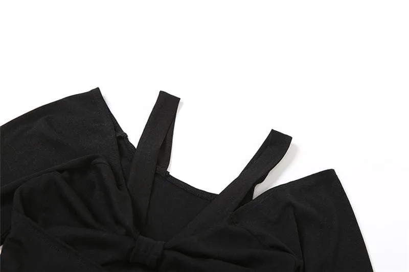 Long sleeve self tie bowknot hollow out solid crop cut out top