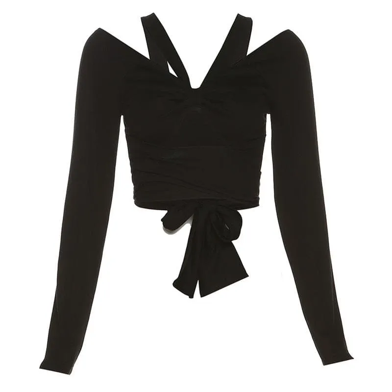 Long sleeve self tie bowknot hollow out solid crop cut out top