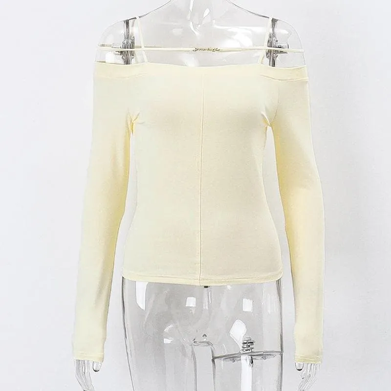 Long sleeve solid metal tag off shoulder top