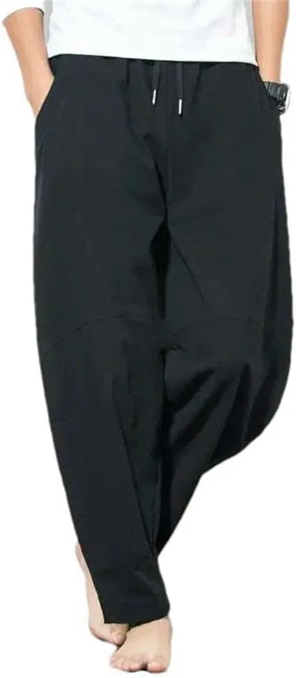 Men's Cotton Lightweight Breathable Summer Pants Chinese Style Harem Pants Solid Color Drawstring