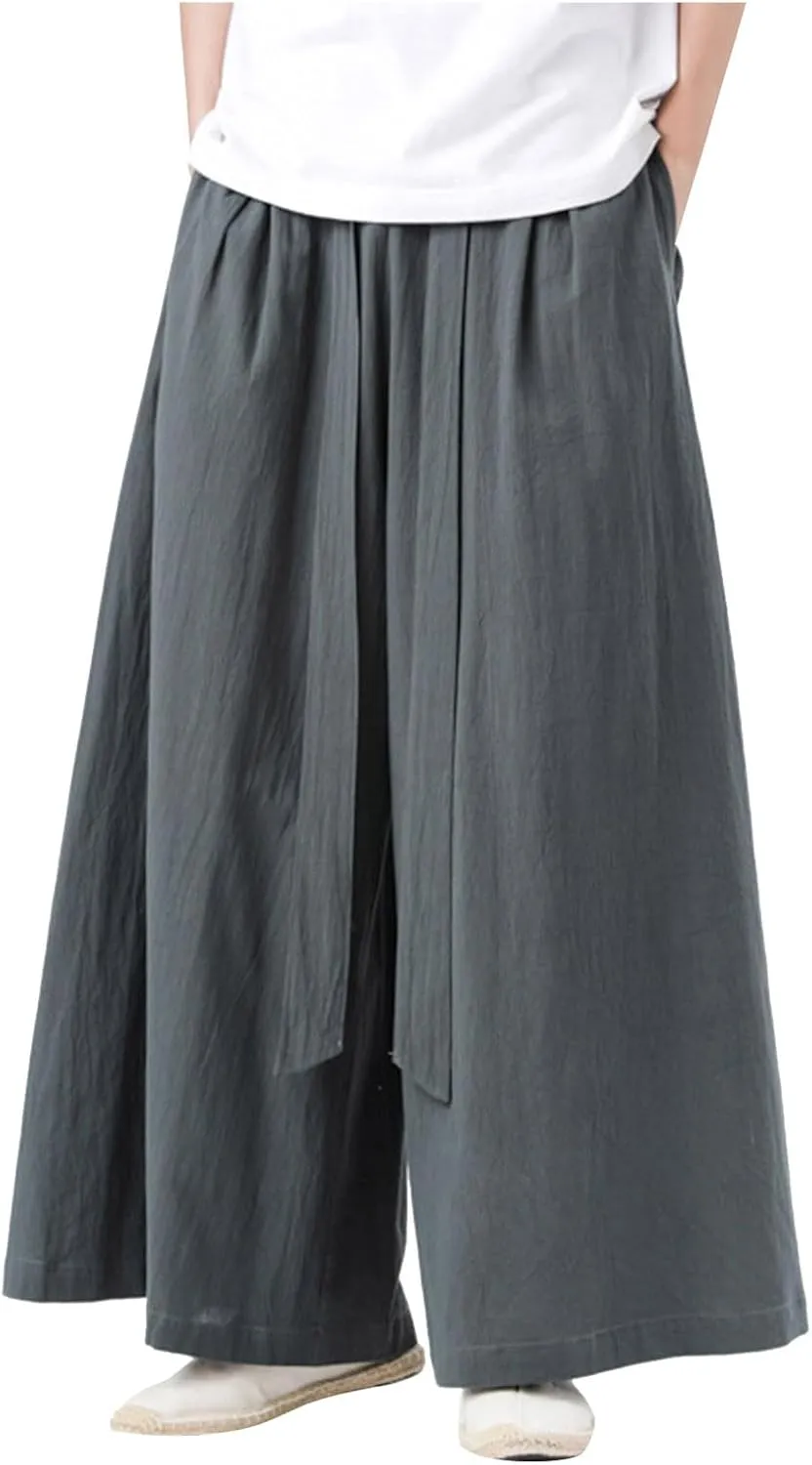 Men's Cotton Linen Harem Pants Linen Japanese Breathable Hip Hop Baggy Skirt Pants Capri Pant