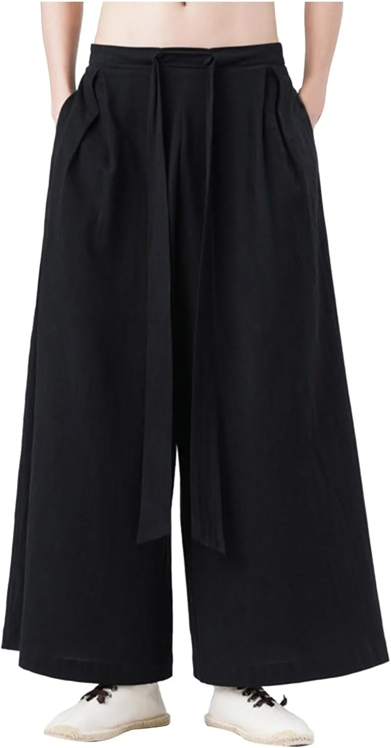 Men's Cotton Linen Harem Pants Linen Japanese Breathable Hip Hop Baggy Skirt Pants Capri Pant