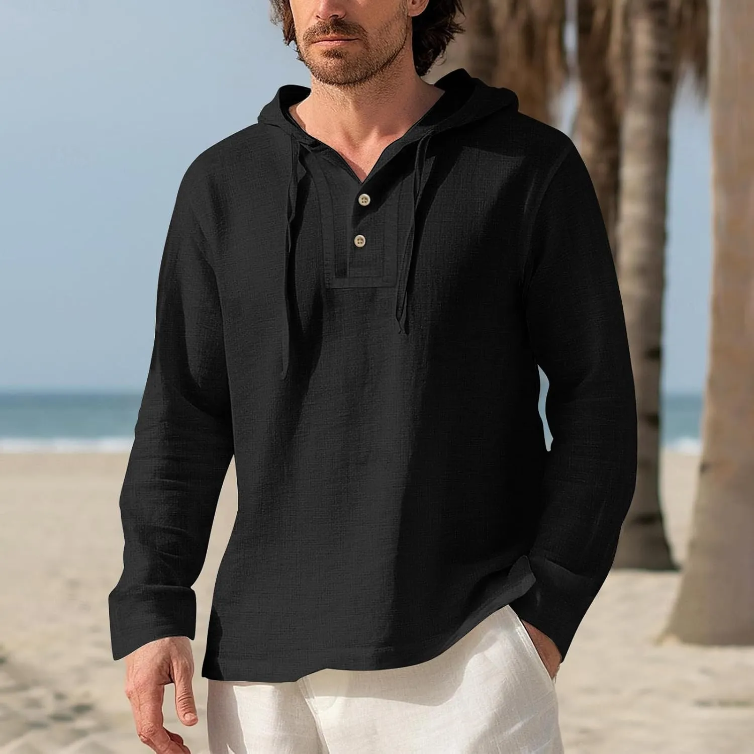 Mens Cotton Linen Hoodies Sun Protection Lightweight Beach Shirt Long Sleeve V Neck Button Down Hooded Shirt