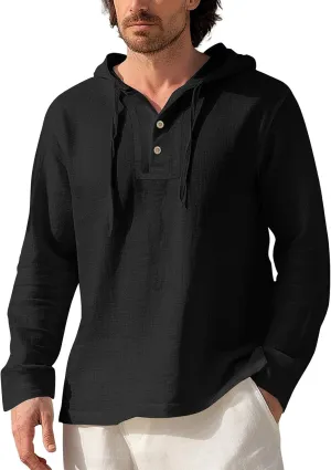 Mens Cotton Linen Hoodies Sun Protection Lightweight Beach Shirt Long Sleeve V Neck Button Down Hooded Shirt