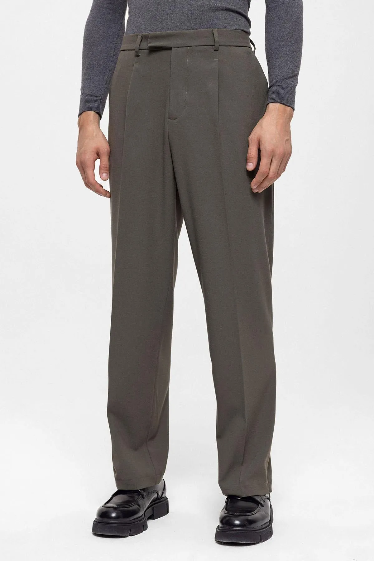 Men's Dark Khaki High Waist Zippered  Trousers - Wessi