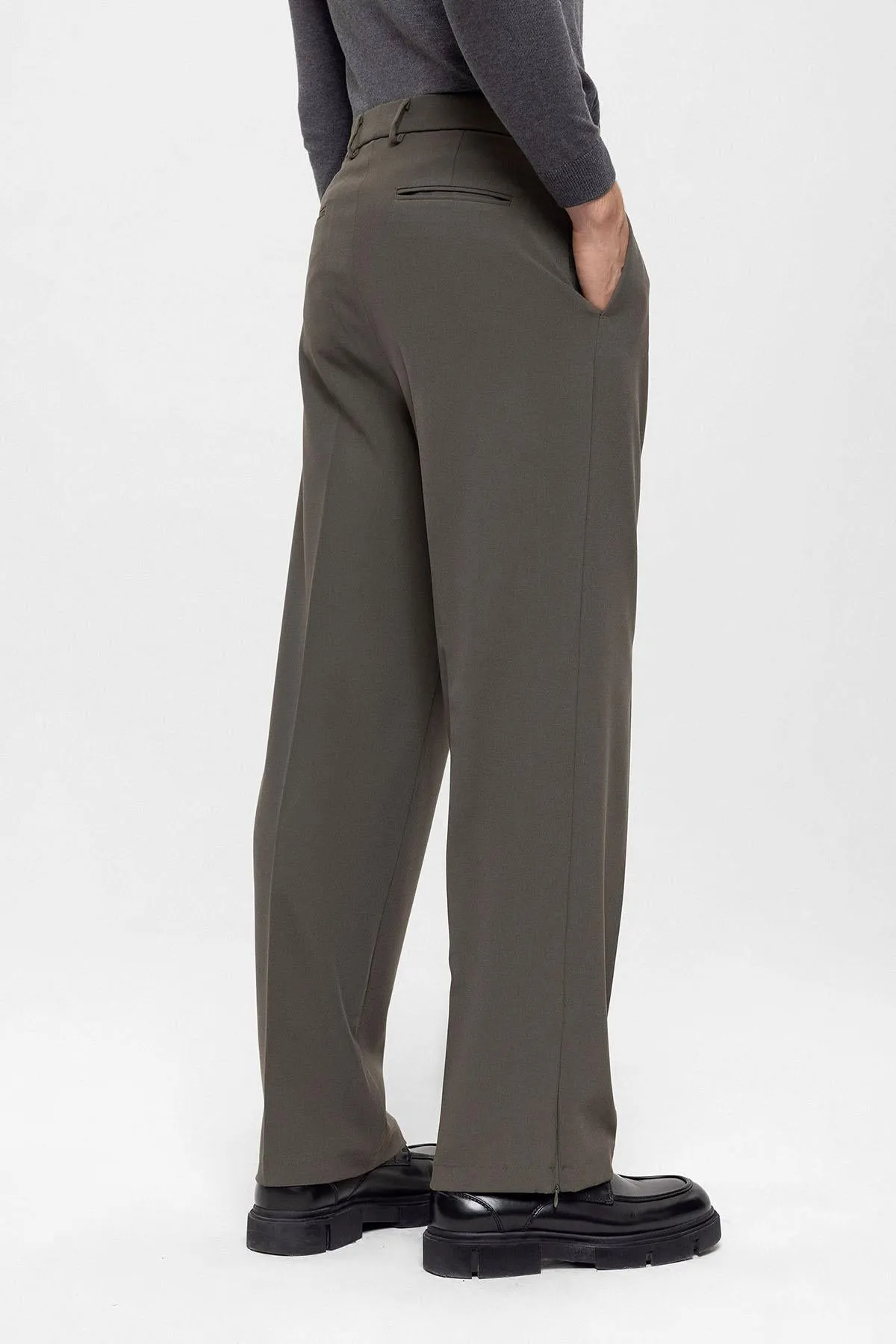 Men's Dark Khaki High Waist Zippered  Trousers - Wessi