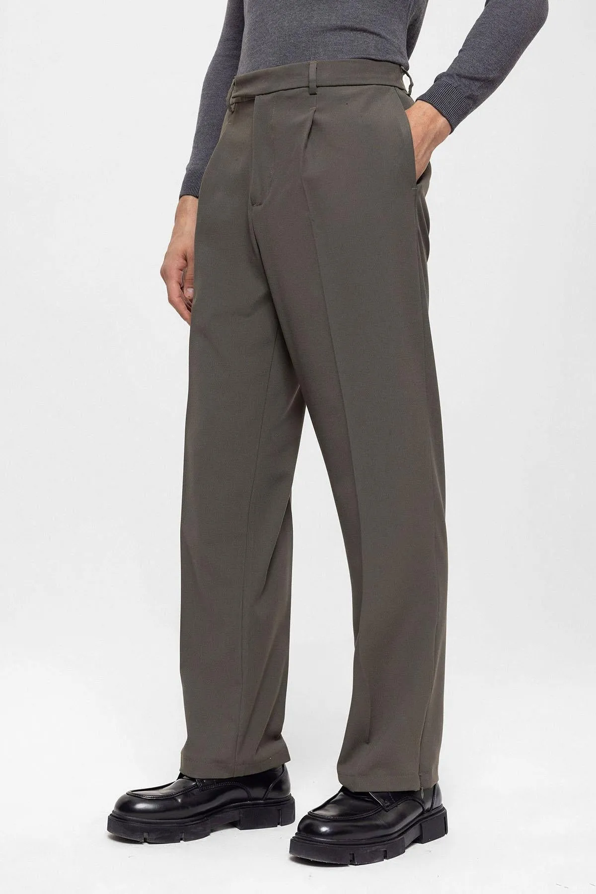 Men's Dark Khaki High Waist Zippered  Trousers - Wessi