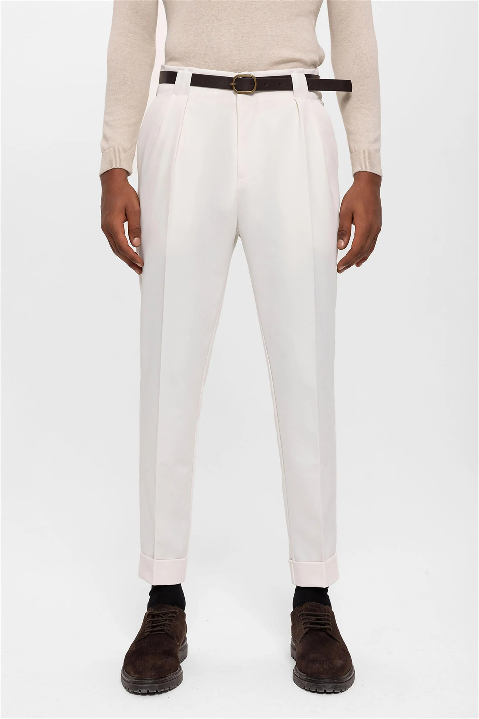 Men's Ecru Belted Double Cuff Pants - Wessi