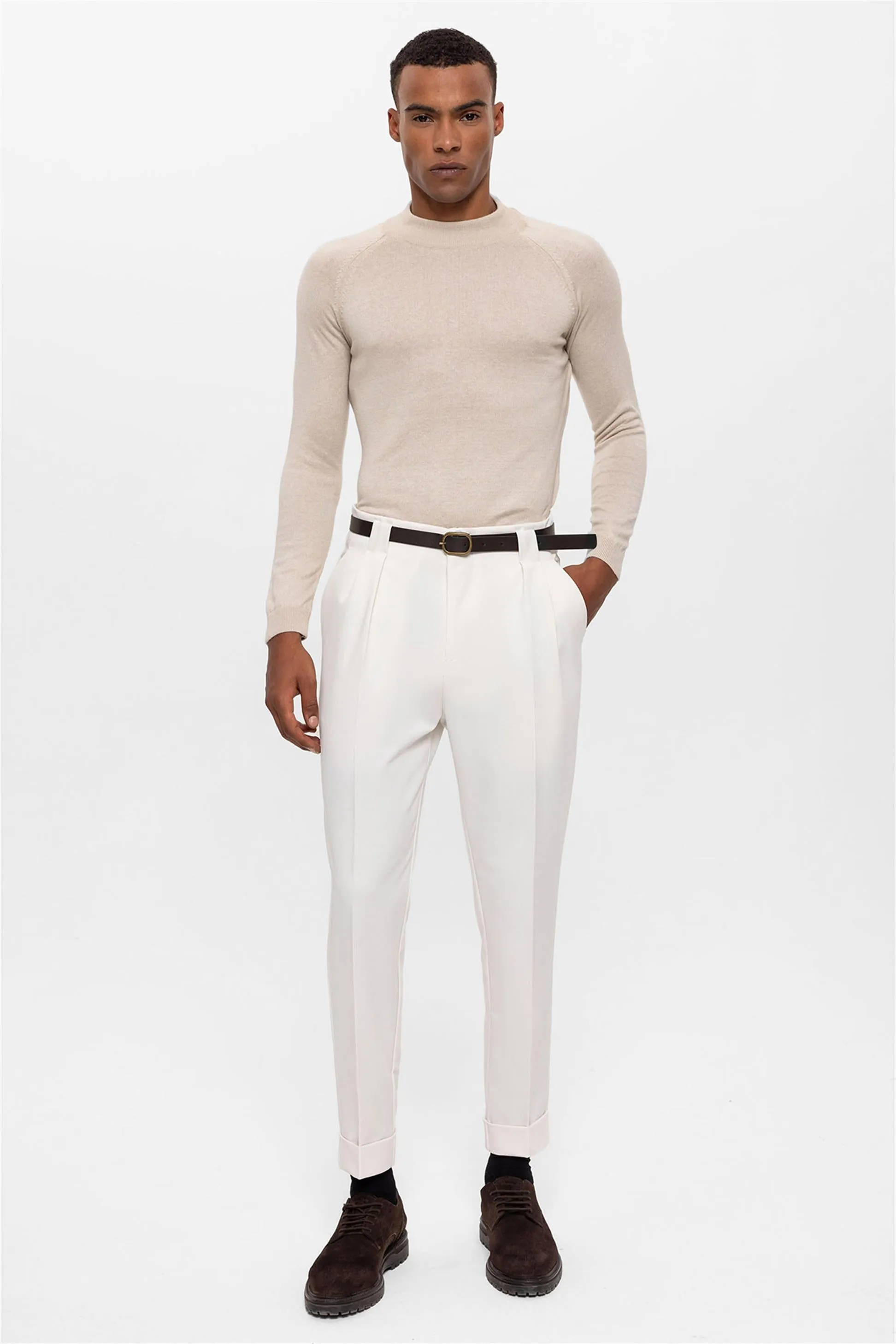 Men's Ecru Belted Double Cuff Pants - Wessi