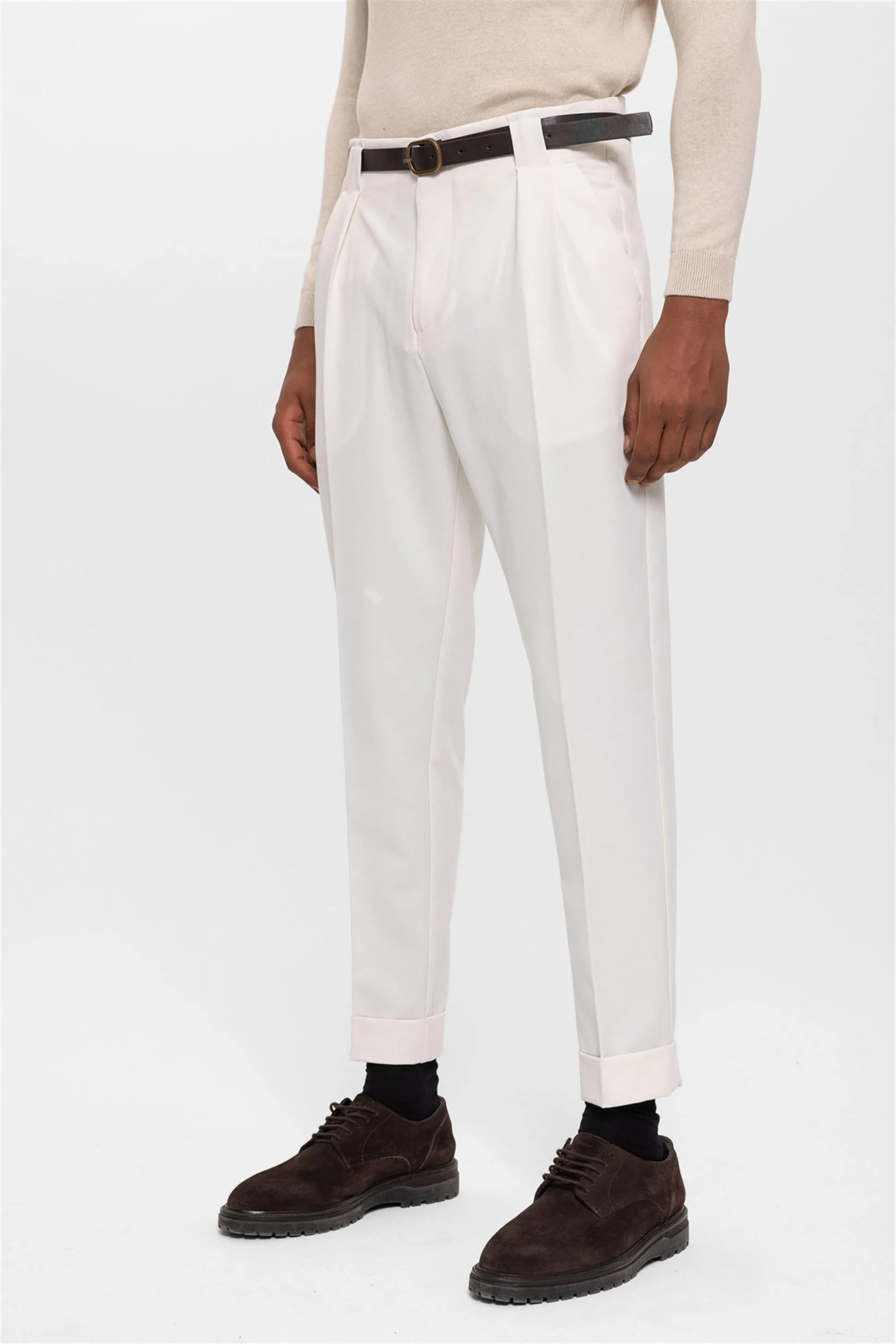 Men's Ecru Belted Double Cuff Pants - Wessi