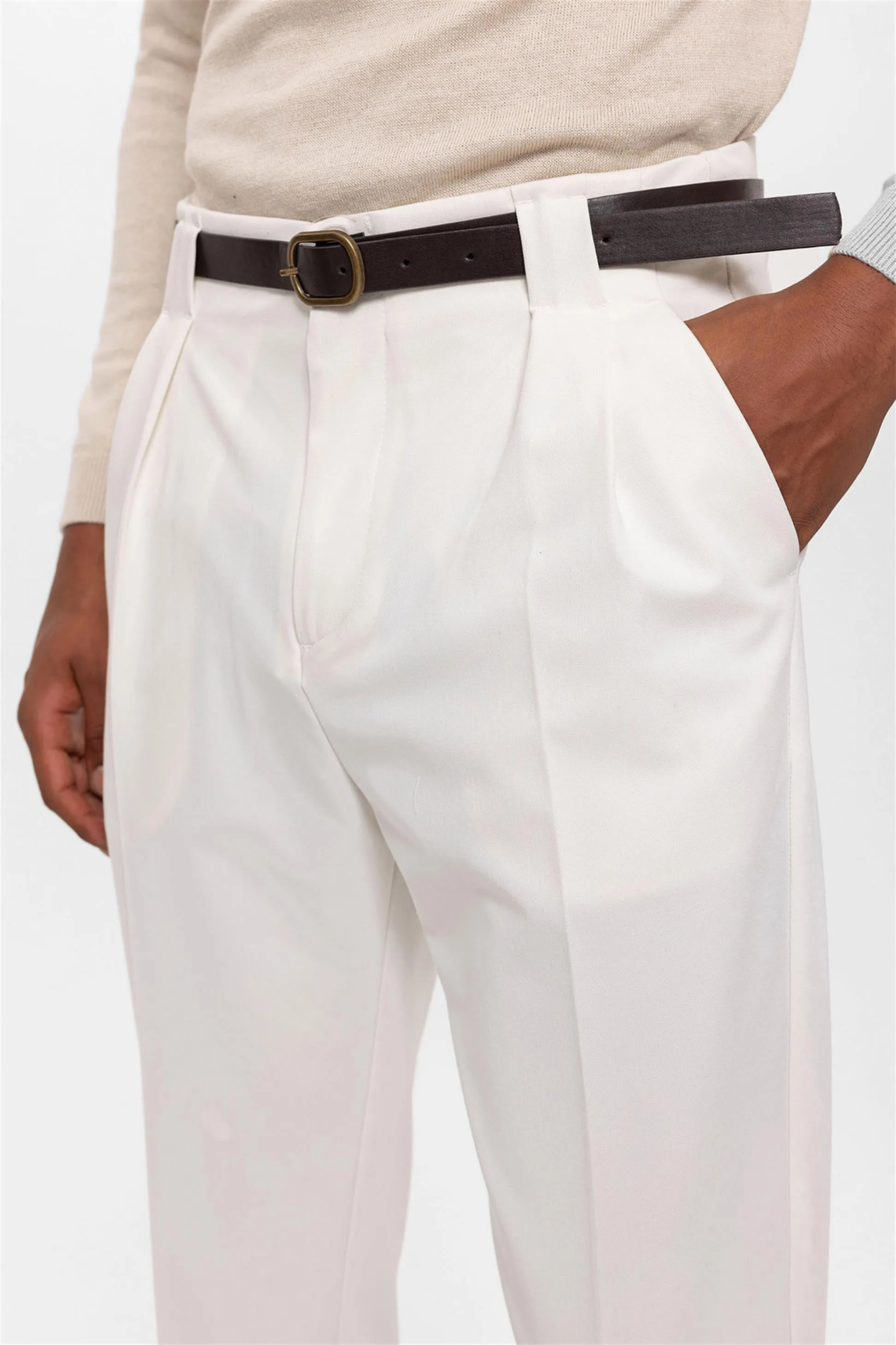 Men's Ecru Belted Double Cuff Pants - Wessi