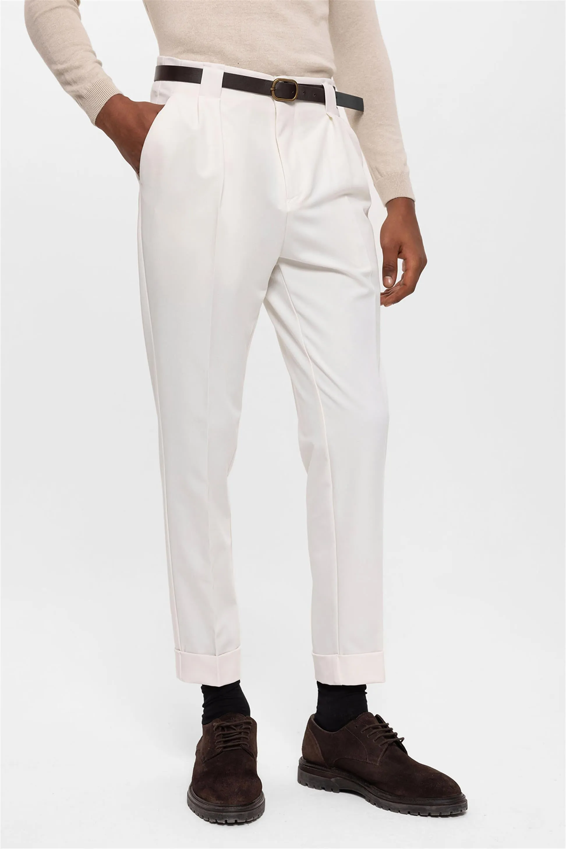 Men's Ecru Belted Double Cuff Pants - Wessi