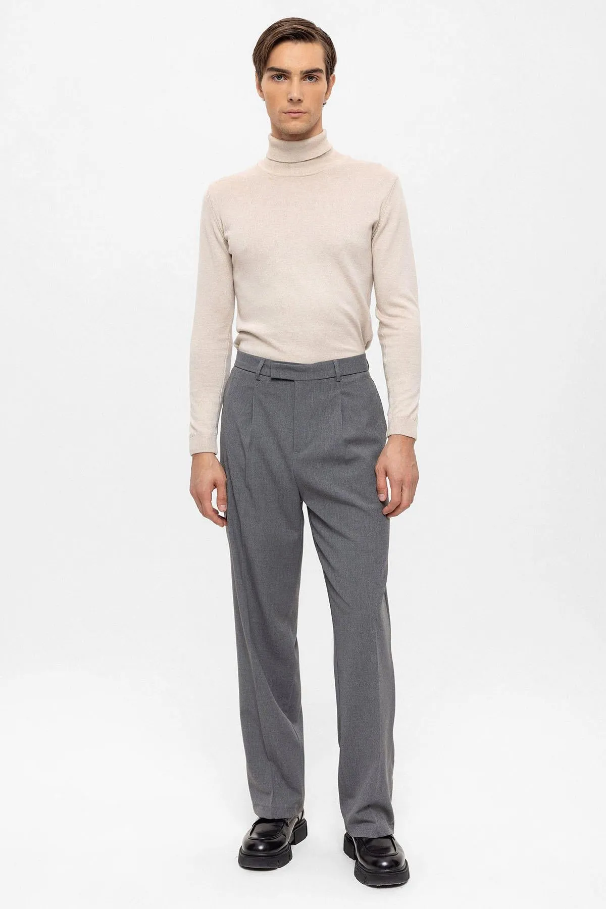 Men's Grey High Waist Zippered  Trousers - Wessi
