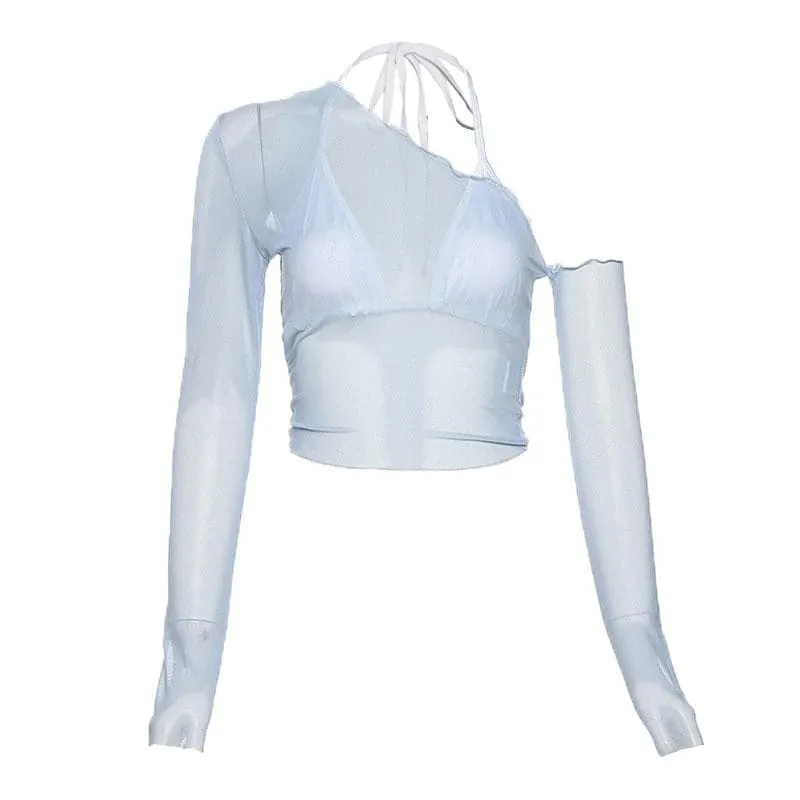 Mesh off shoulder contrast long sleeve ruffle 2 piece crop top