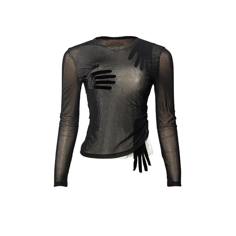 Mesh palm patchwork long sleeve crewneck top