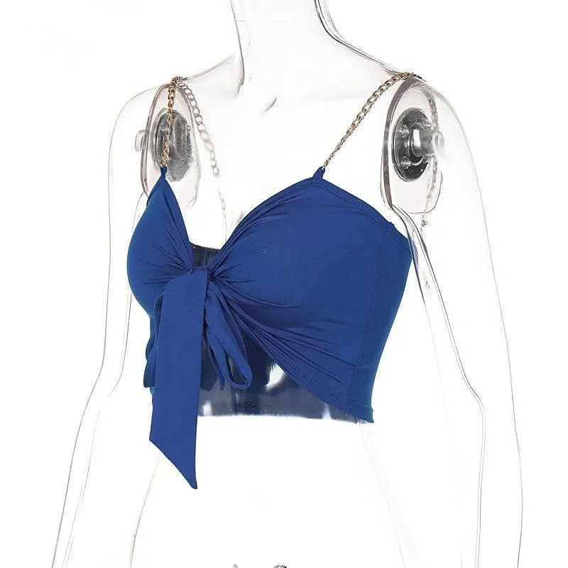 Metal chain knotted ruched solid crop top