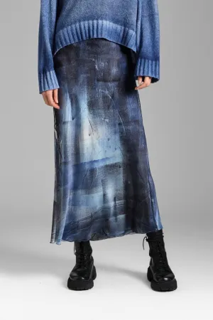 MURALES EFFECT STRETCH SILK MIDI SKIRT