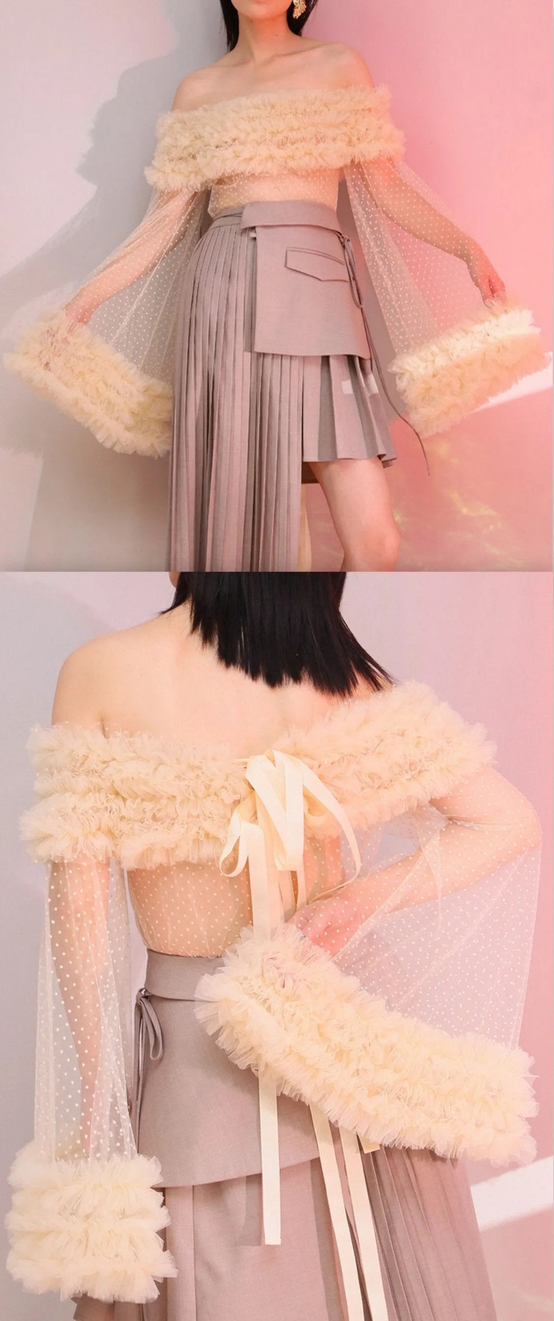 Off-the-Shoulder Ruffled Sheer Mesh Blouse