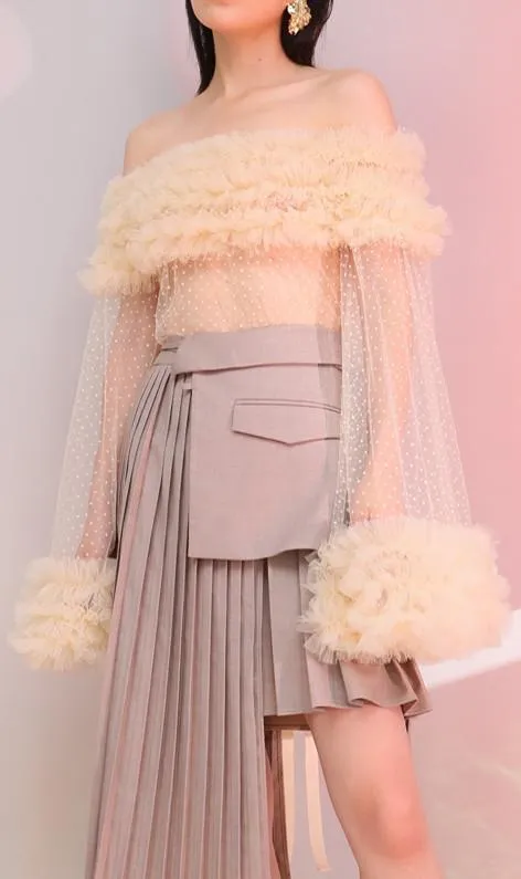 Off-the-Shoulder Ruffled Sheer Mesh Blouse