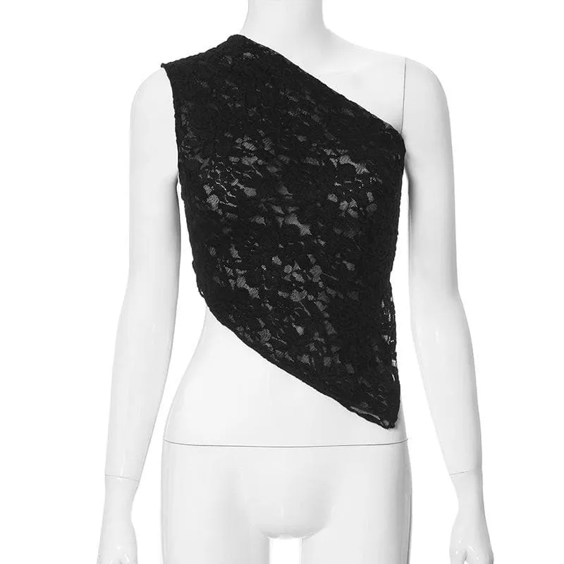 One shoulder backless lace see through self tie top