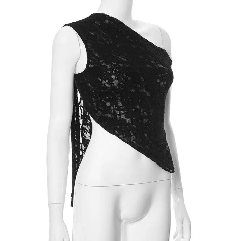 One shoulder backless lace see through self tie top
