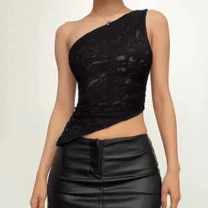 One shoulder backless lace see through self tie top