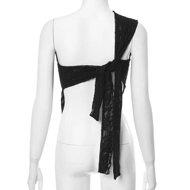 One shoulder backless lace see through self tie top