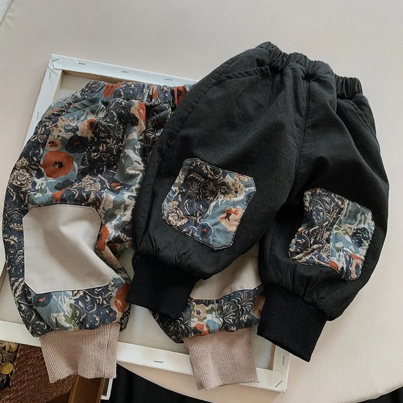 Patched Print Fleece Harem Pants