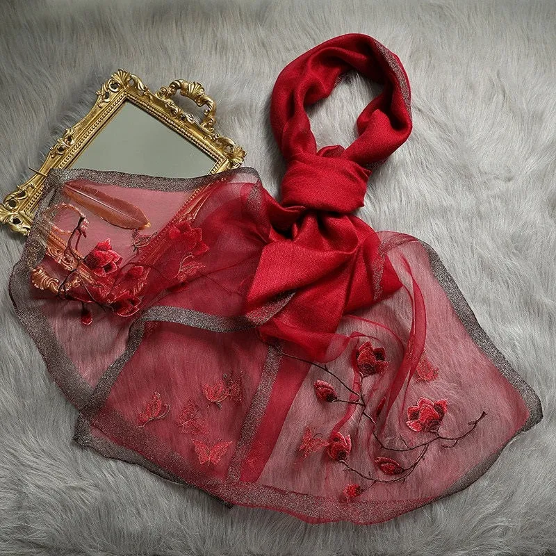 Pretty and Delicate Spring Floral Embroidered Winter Wrap Scarves