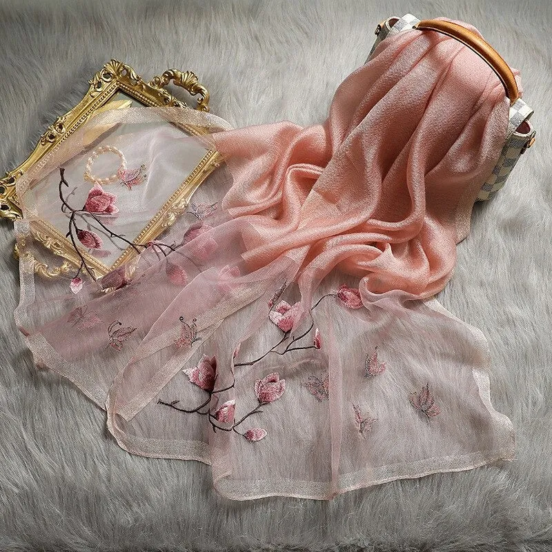 Pretty and Delicate Spring Floral Embroidered Winter Wrap Scarves