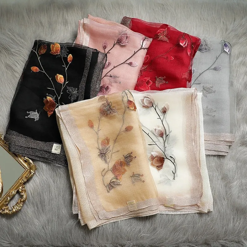 Pretty and Delicate Spring Floral Embroidered Winter Wrap Scarves
