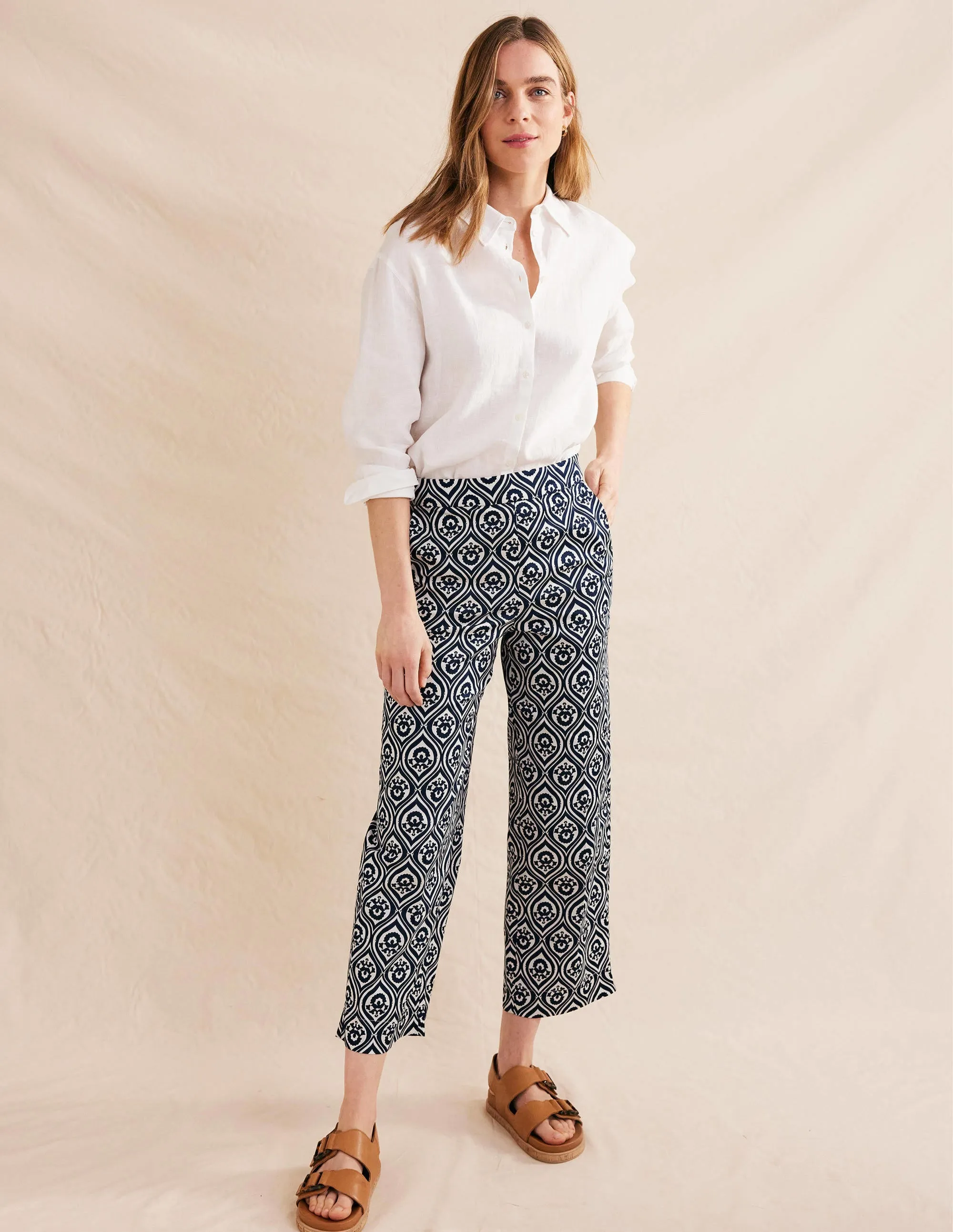 Printed Crop Trousers-French Navy, Geo Cascade Mono