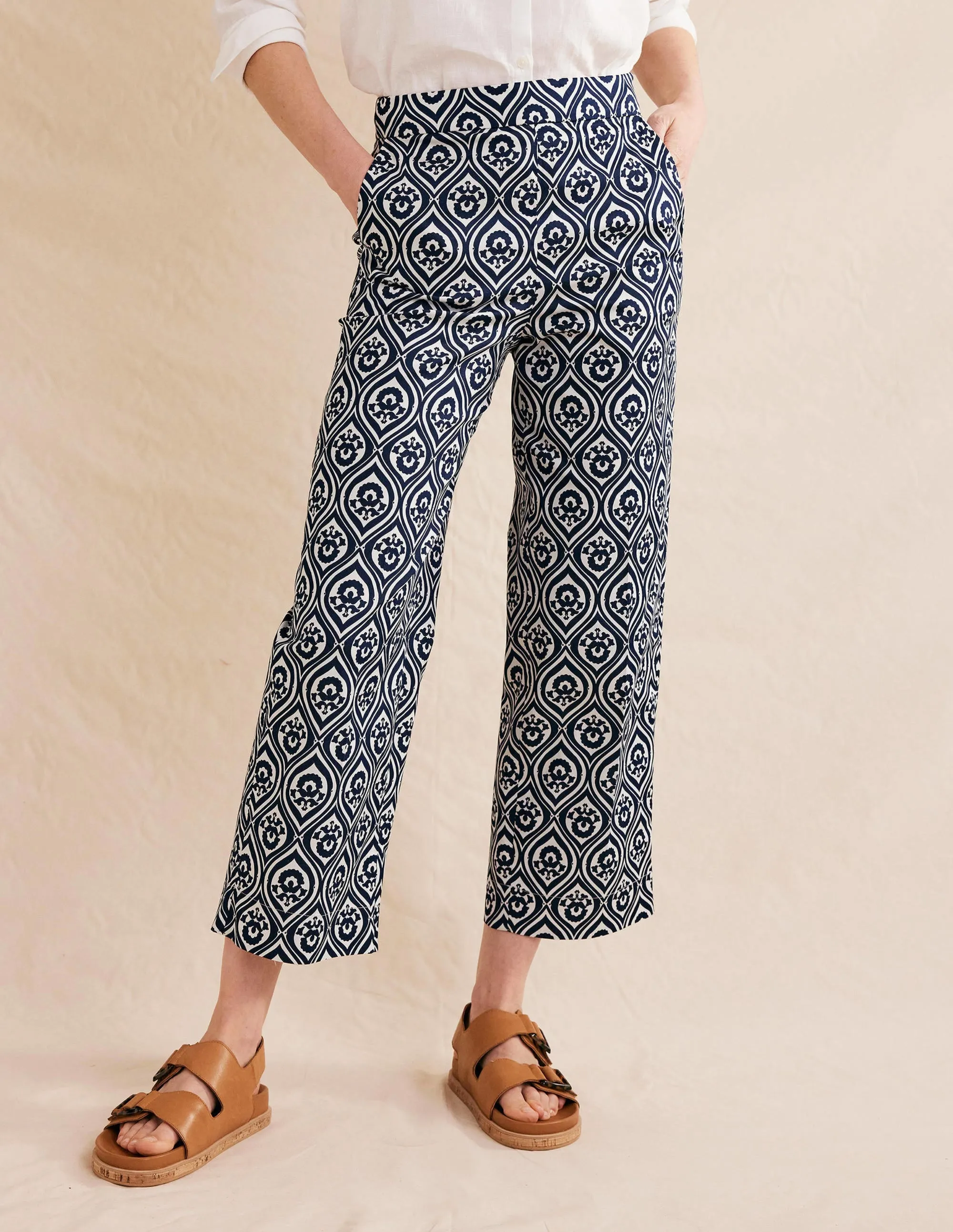 Printed Crop Trousers-French Navy, Geo Cascade Mono