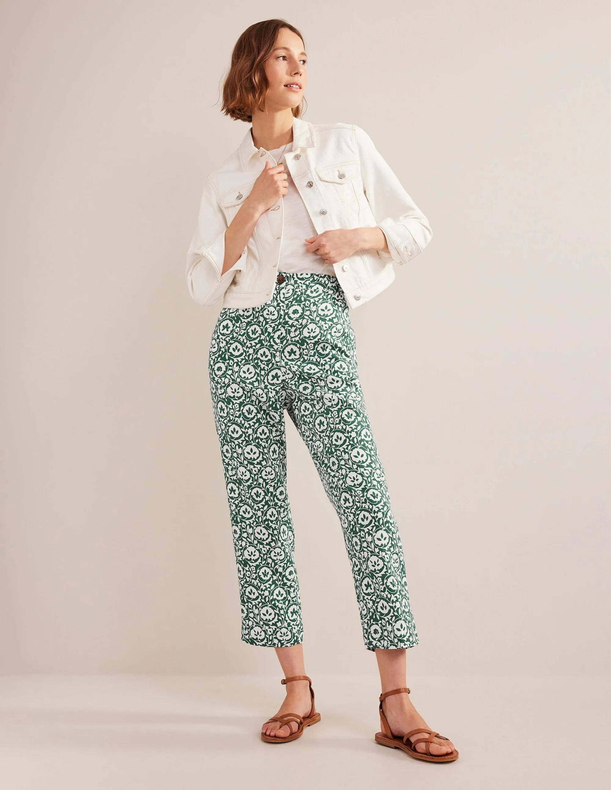 Pull-on Linen Trousers-Green, Enchanting Bloom