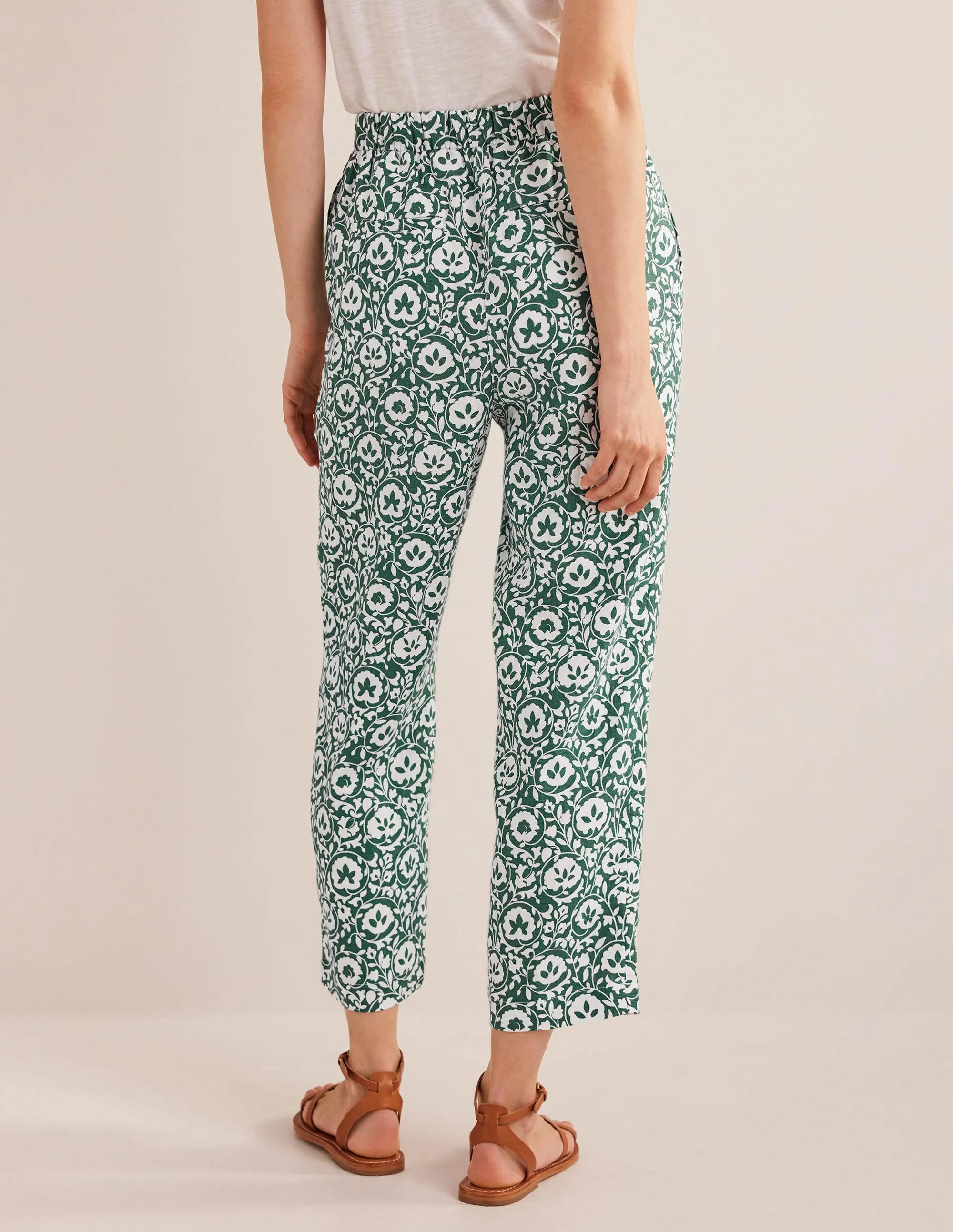 Pull-on Linen Trousers-Green, Enchanting Bloom