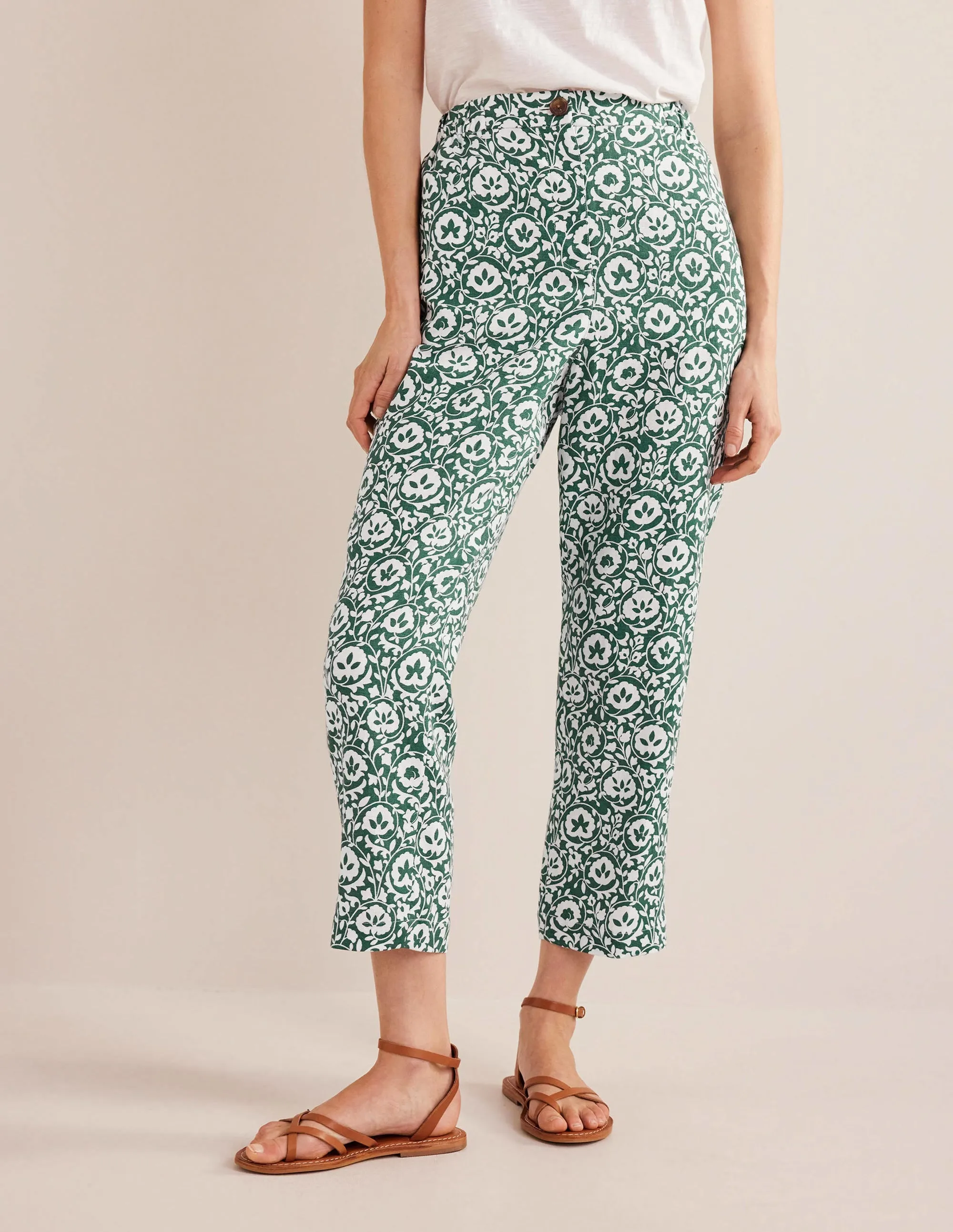 Pull-on Linen Trousers-Green, Enchanting Bloom