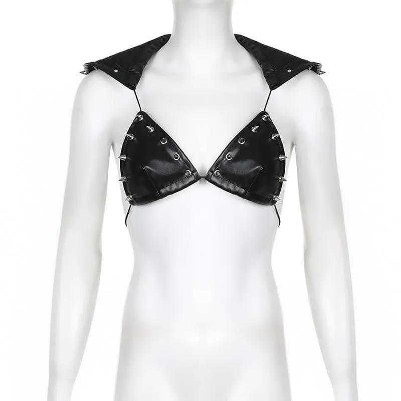 Rivet PU leather hoodie self tie backless crop top
